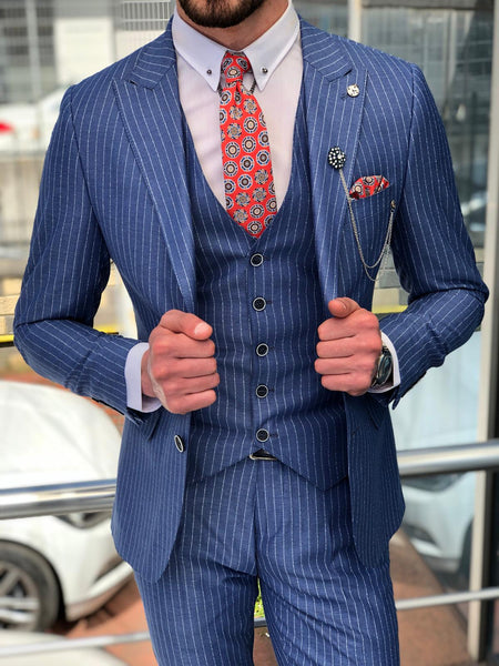 Noah Slim Fit Blue Striped Suit – MCR TAILOR
